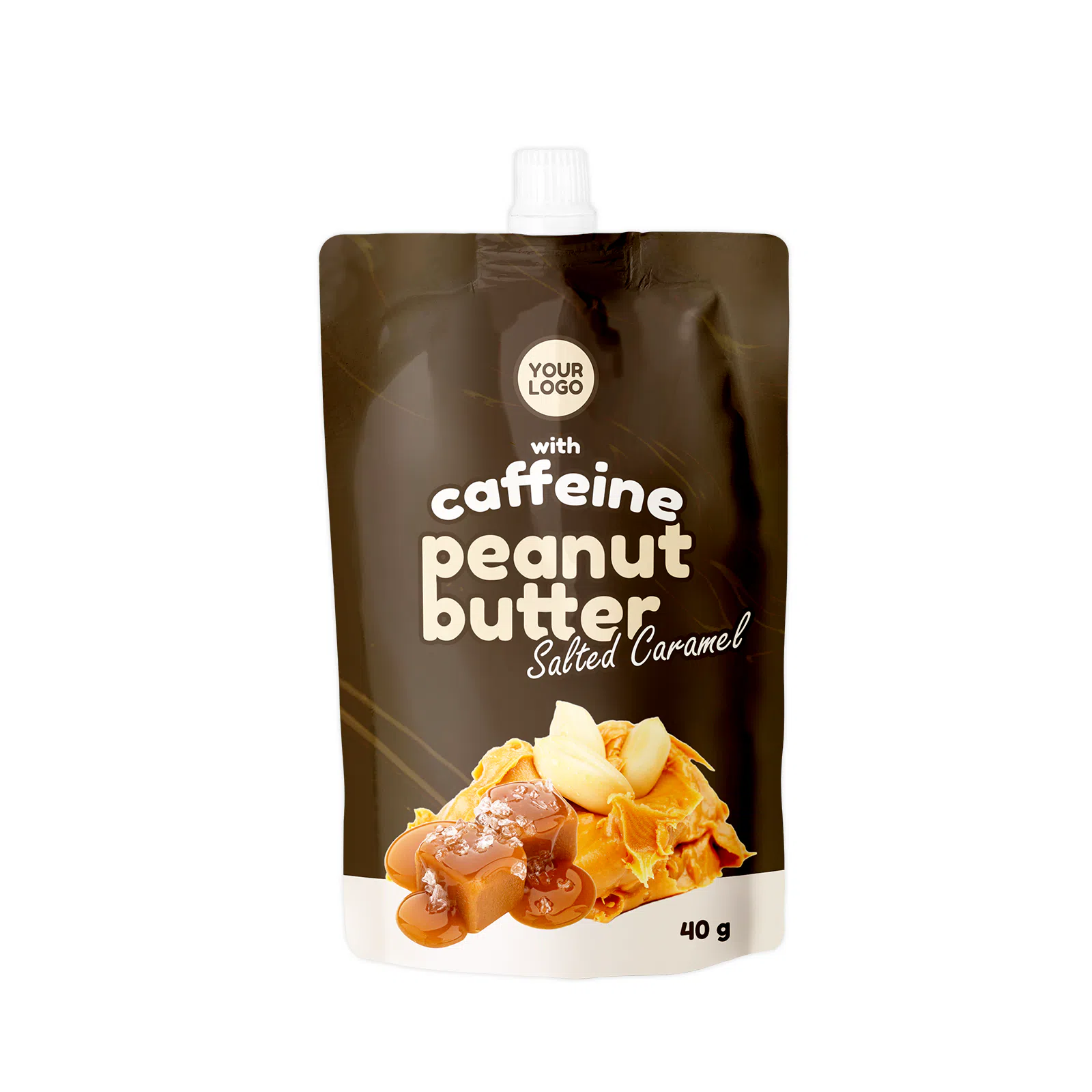 Private label amerpharma peanut butter with caffeine in pouch with spout flavour salted caramel in pouch 40 g
