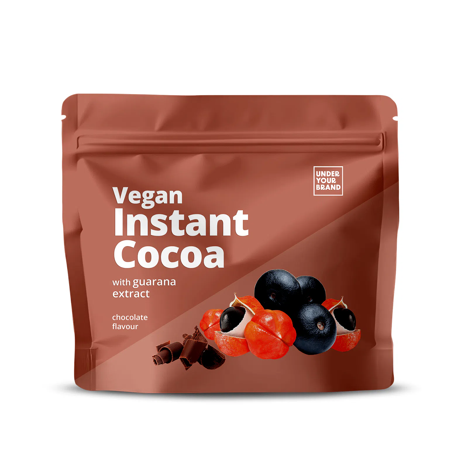 Private Label AmerPharma vegan instant cocoa with guarana extract chocolate flavour in fully printed doypack