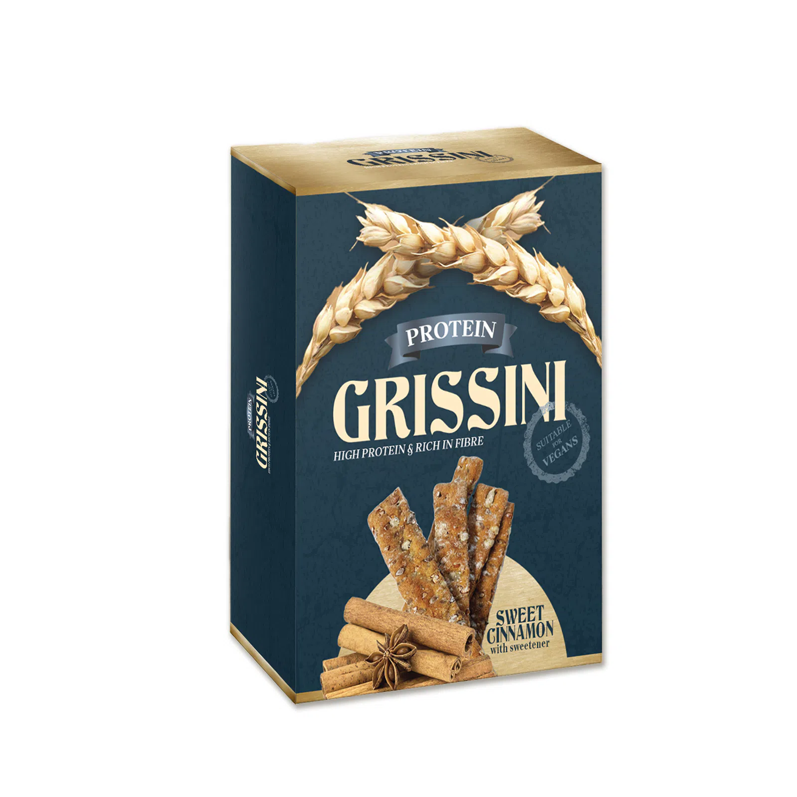 Private label amerpharma high protein grissini in fully printed box, for vegans, sweet cinnamon flavour