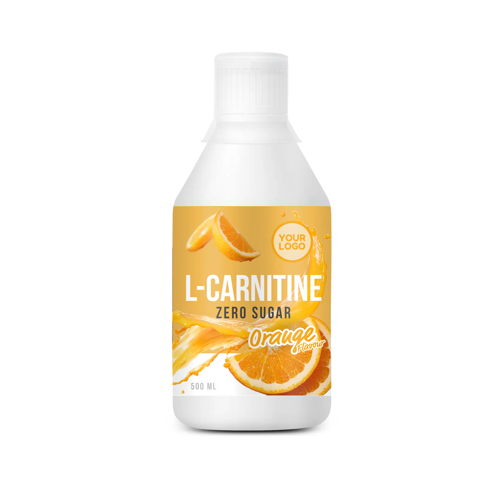 Private-label amerpharma l-carnitine zero sugar orange flavour in 500 ml bottle with measure