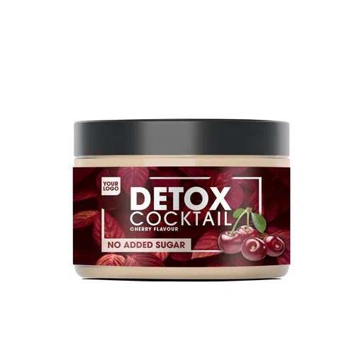 Amerpharma private label detox cocktail powder, sugar-free, cherry flavour, product in pet jar