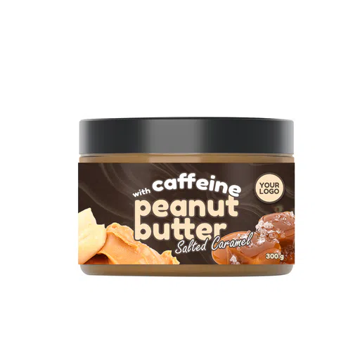 Private label amerpharma peanut butter with caffeine flavour salted caramel in pet jar 300 g