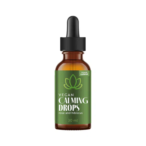 Amerparma private label vegan calming drops rose and hibiscus flavour 30 ml in brown bottle with dropper