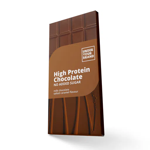 Amerpharma private label High protein sugar free milk chocolate salted caramel flavour 100 g in fully printed box