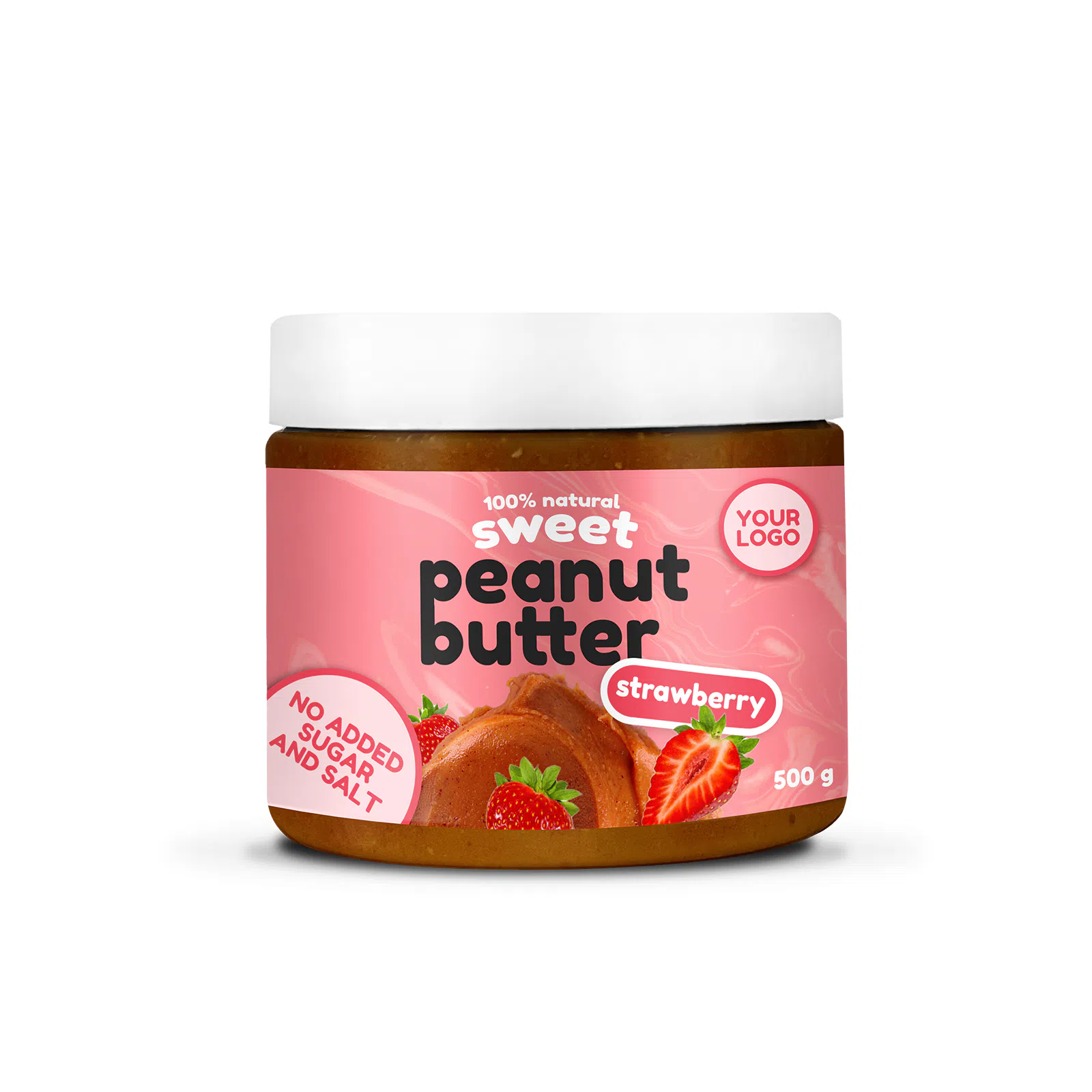 Private label amerpharma 100% natural sweet peanut butter flavour strawberry in jar 500 g with no added sugar and salt