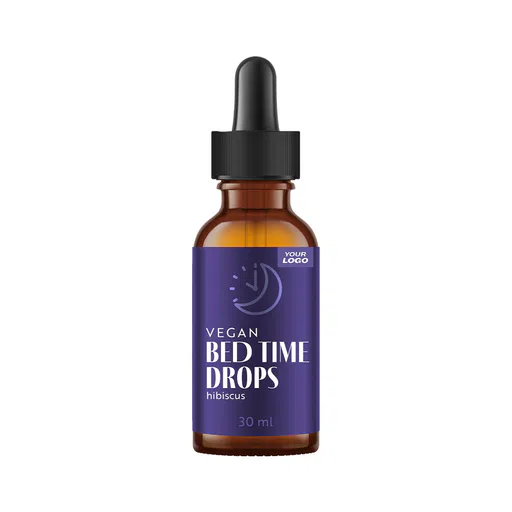 Private label amerpharma vegan bed-time drops flavour hibiscus 30 ml dark glass bottle with dropper