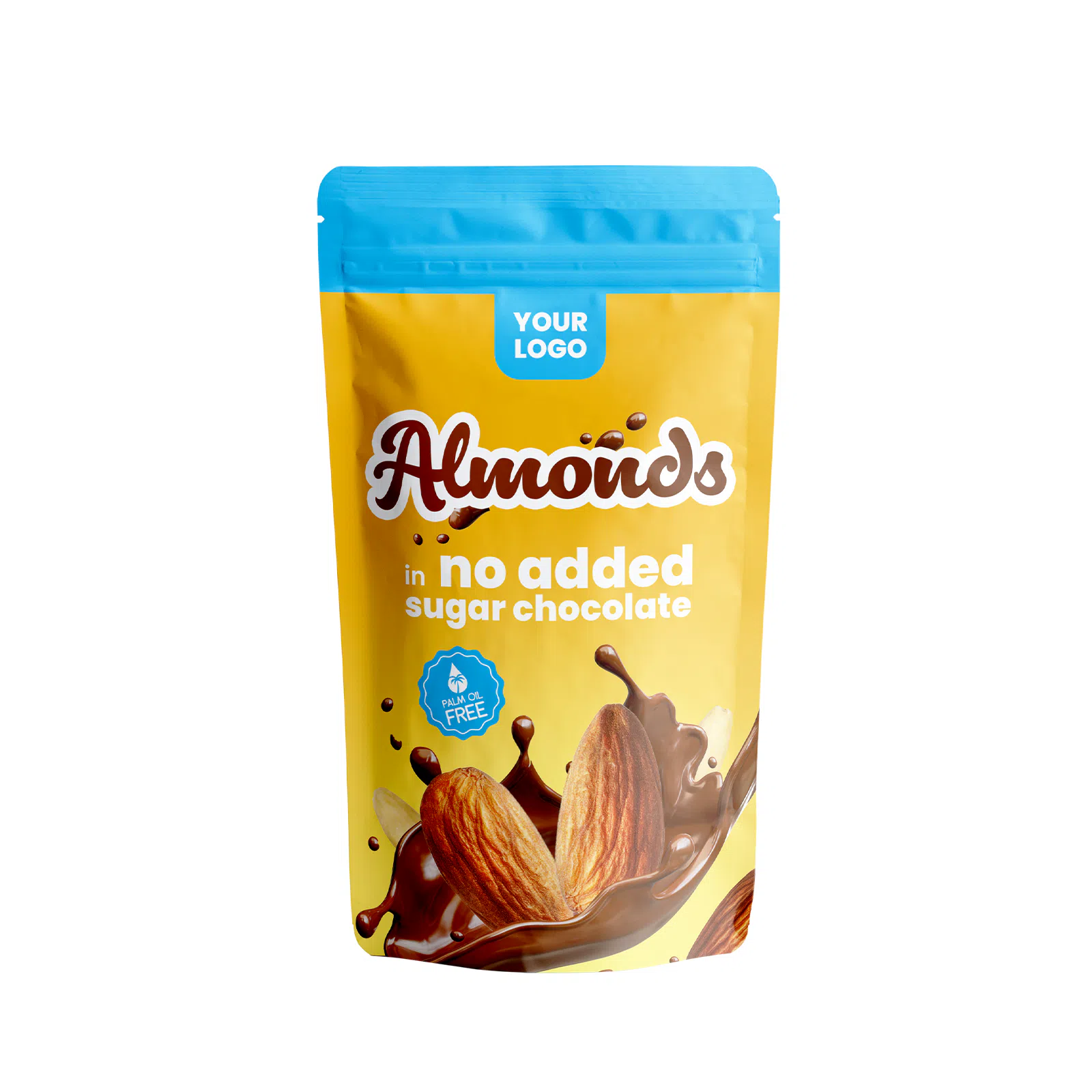 Almonds in no added sugar chocolate, palm oil free, amerpharma private label in fully printed doypack