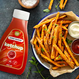 Private label amerpharma zero calorie with no added sugar sauce flavour ketchup in 425 ml pet bottle for keto with fries