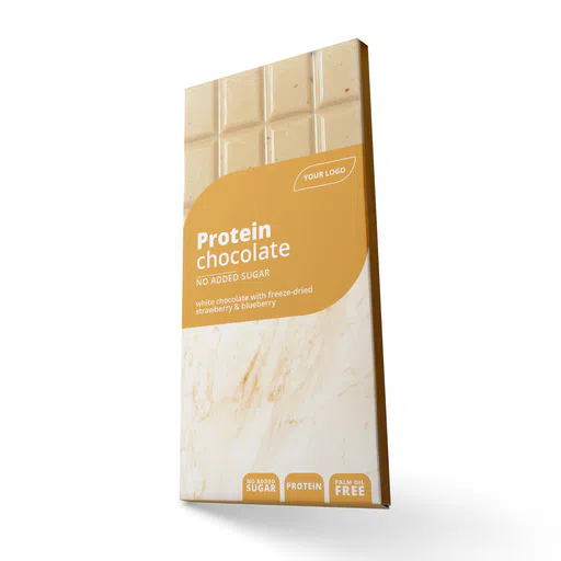 Private label amerpharma high protein sugar-free white chocolate with freeze-dried fruit 100 g in fully printed box