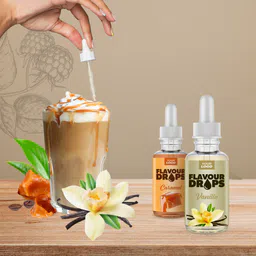 Private label amerpharma flavour drops flavour vanilla in glass bottle with dropper, serving suggestion adding to a cup of coffee