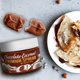 Private label amerpharma chocolate coconut crunchy premium spread in jar 250 g with suggestion for serving with pancakes