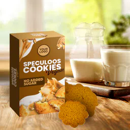 Private label amerpharma speculoos cookies without sugar for vegans in fully printed box, application proposal with milk