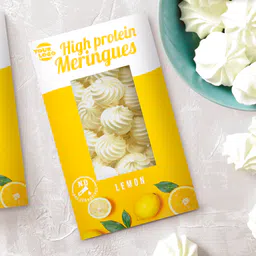 Private label amerpharma high protein meringues flavour lemon with no preservatives 28 g package on table in bowl