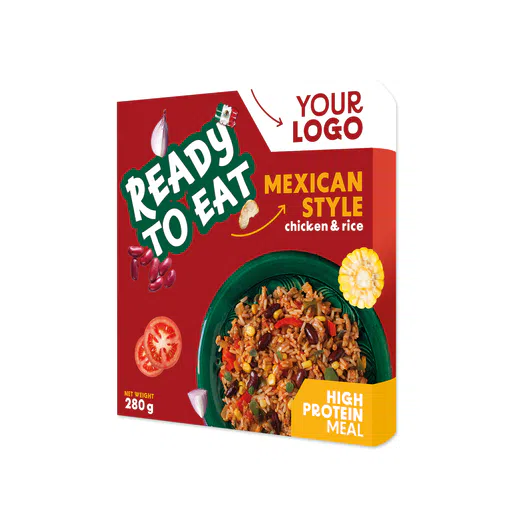 Amerpharma private label high protein meal in fully printed sleeve, 280 g in mexican style chicken and rice