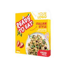 Amerpharma private label vegan meal in fully printed sleeve, 280 g italian style orzo pasta with olive oil