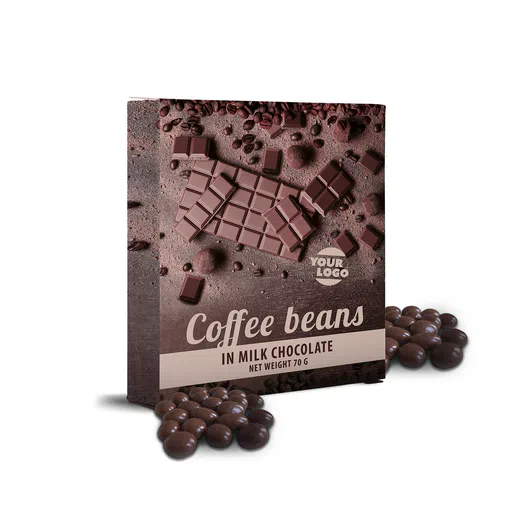 Private label amerpharma no added sugar coffee beans in milk chocolate in fully printed box, 70 g