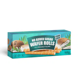 Private label amerpharma wafer rolls no added sugar coconut flavour, in fully printed box, 140 g
