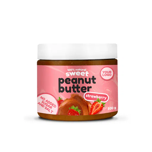 Private label amerpharma 100% natural sweet peanut butter flavour strawberry in jar 500 g with no added sugar and salt