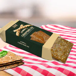 Private label amerpharma high protein crispbread in fully printed foil, for vegans, on the table