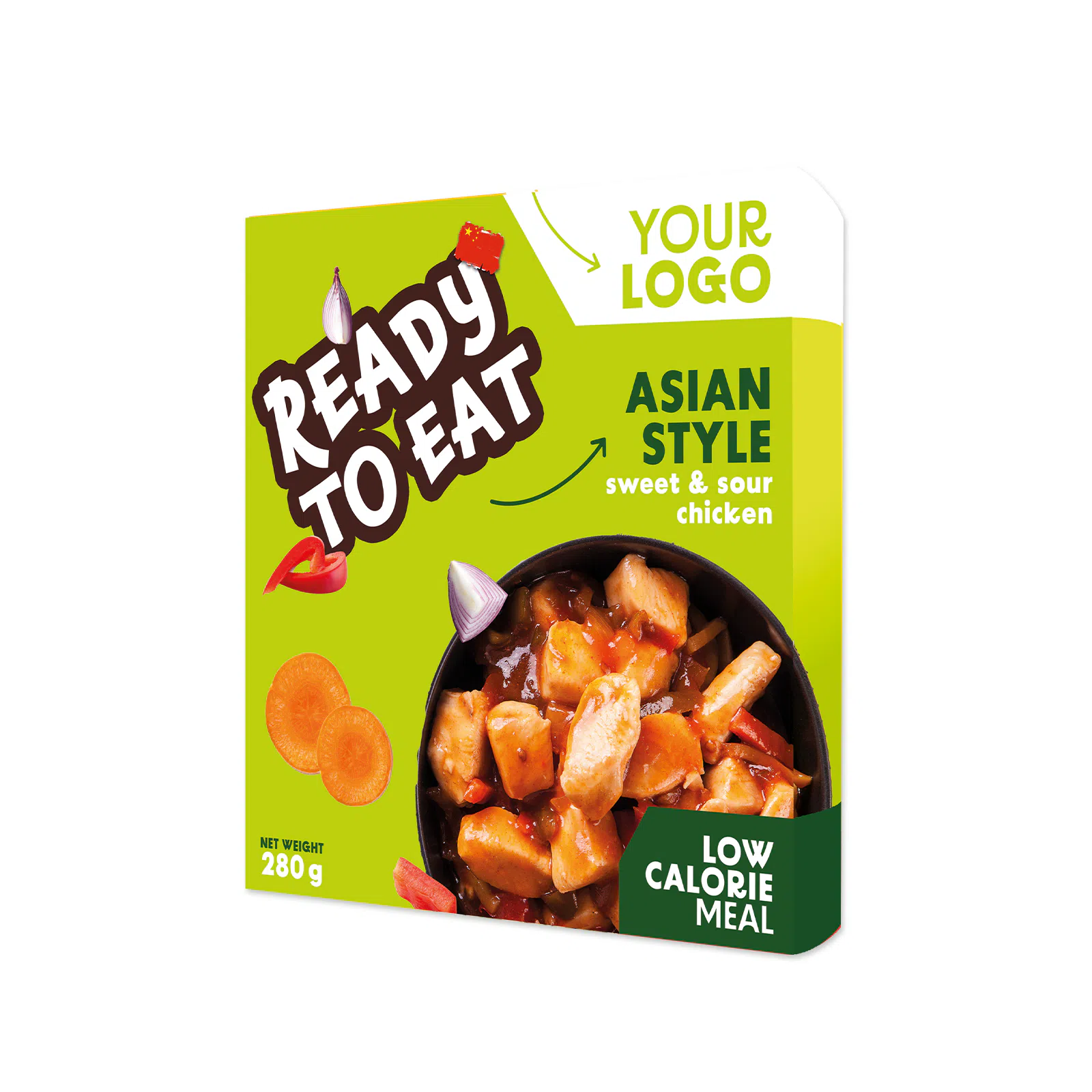 Amerpharma private label low calorie ready meal in fully printed sleeve, 280 g in asian style sweet and sour chicken
