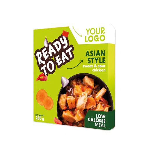 Amerpharma private label low calorie ready meal in fully printed sleeve, 280 g in asian style sweet and sour chicken