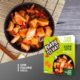 Amerpharma private label low calorie ready meal in fully printed sleeve, 280 g in asian style sweet and sour chicken