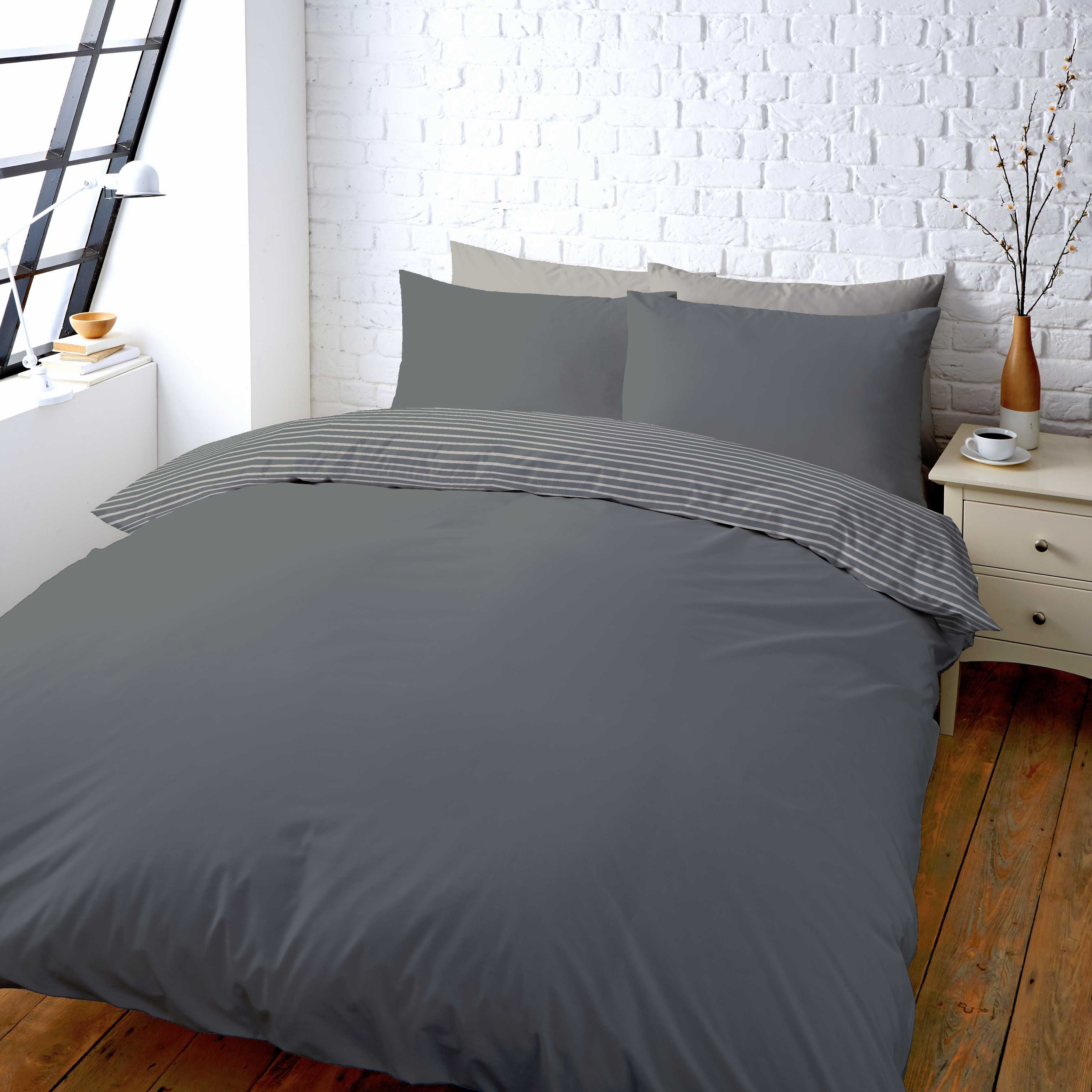 Colours Zen Plain Striped Grey King Size Bed Set