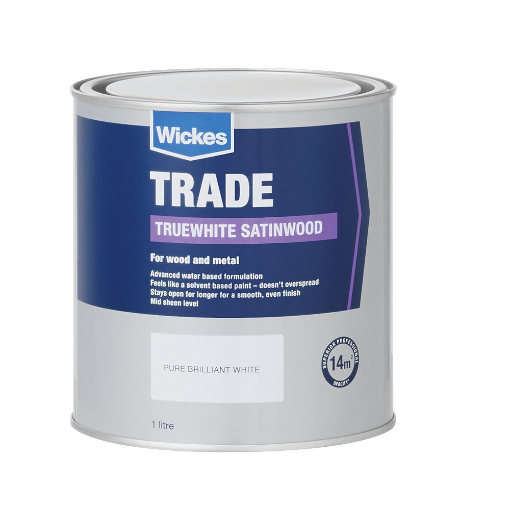 Wickes Trade Satin Wood & Metal Paint - Pure Brilliant White - 1L