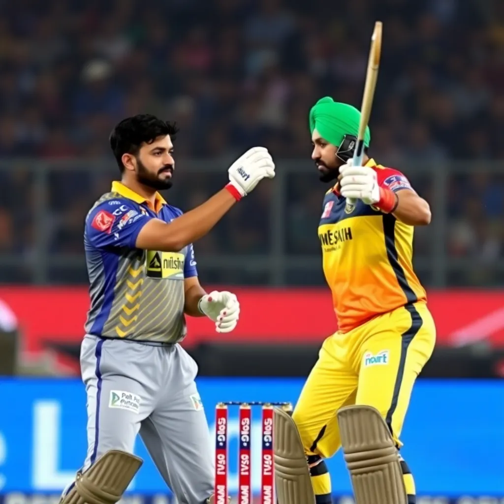 Prabhsimran Singh and Arshdeep Singh playing in IPL 2025 match between PBKS and LSG, cricket stadium background