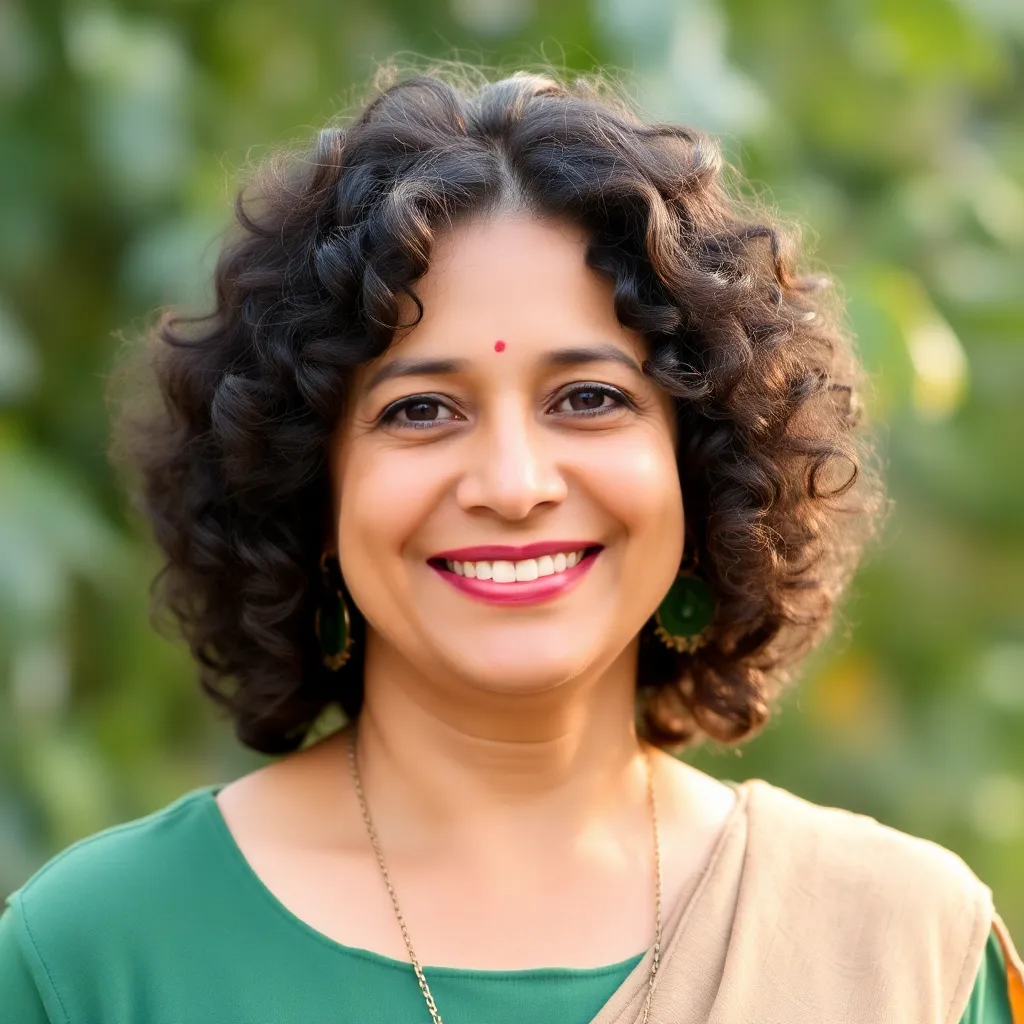 Photo of client Mrs. Kavita Joshi smiling, middle-aged woman with curly hair, wearing a green top