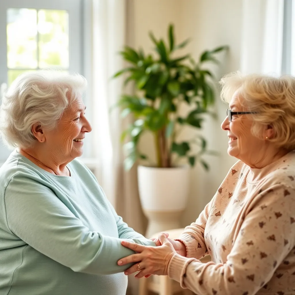 Caregiver comforting senior with dementia, a gentle caregiver holding hands and smiling warmly at an elderly woman with dementia in a sunlit room