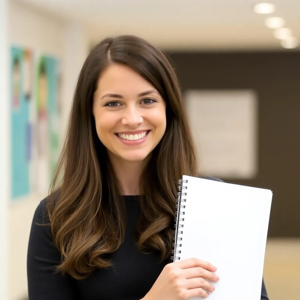 Portrait of Emily Thompson, a female ESL and language tutor, smiling and holding a notebook