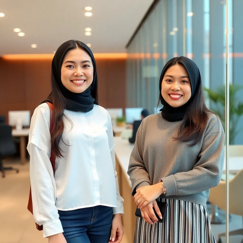 Foto pelanggan wanita tersenyum dengan latar belakang ruang kerja modern