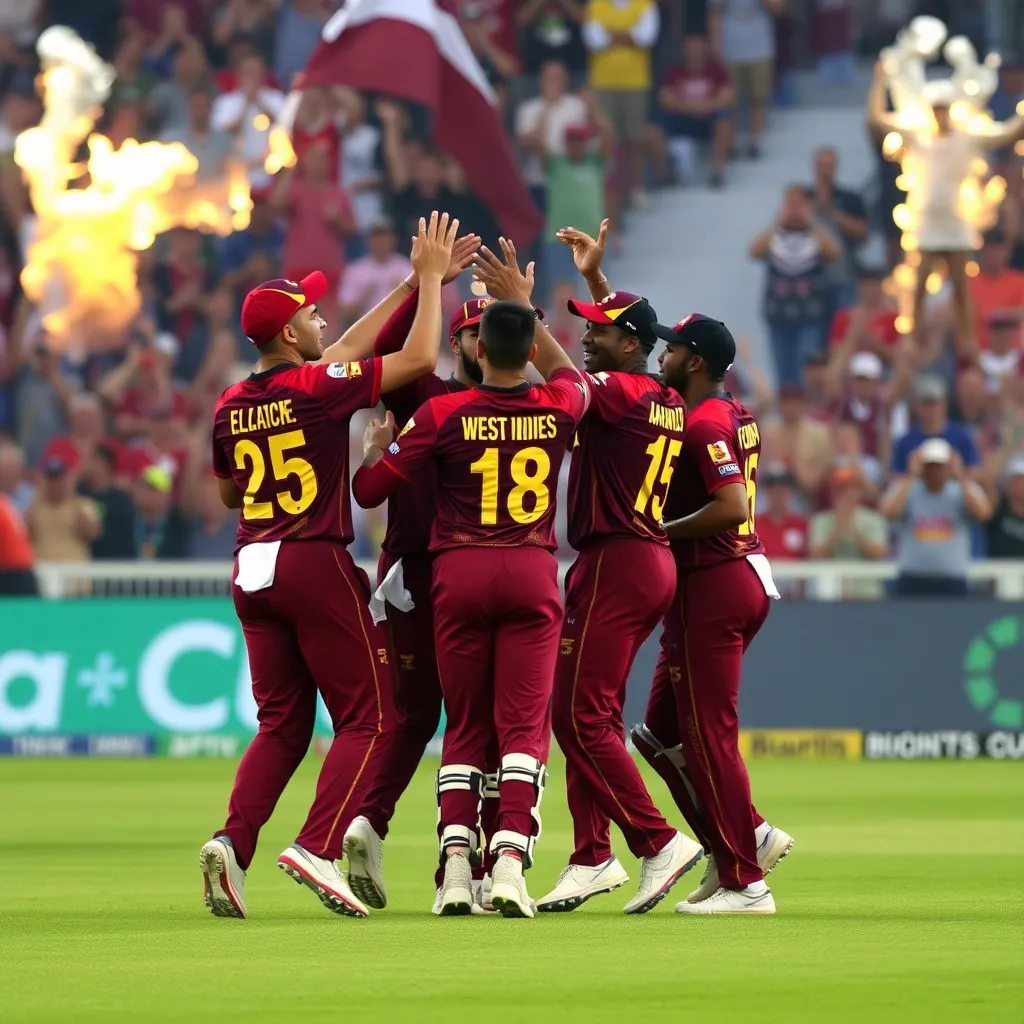 Cricket players celebrating a T20I series win against West Indies with fans cheering in the background