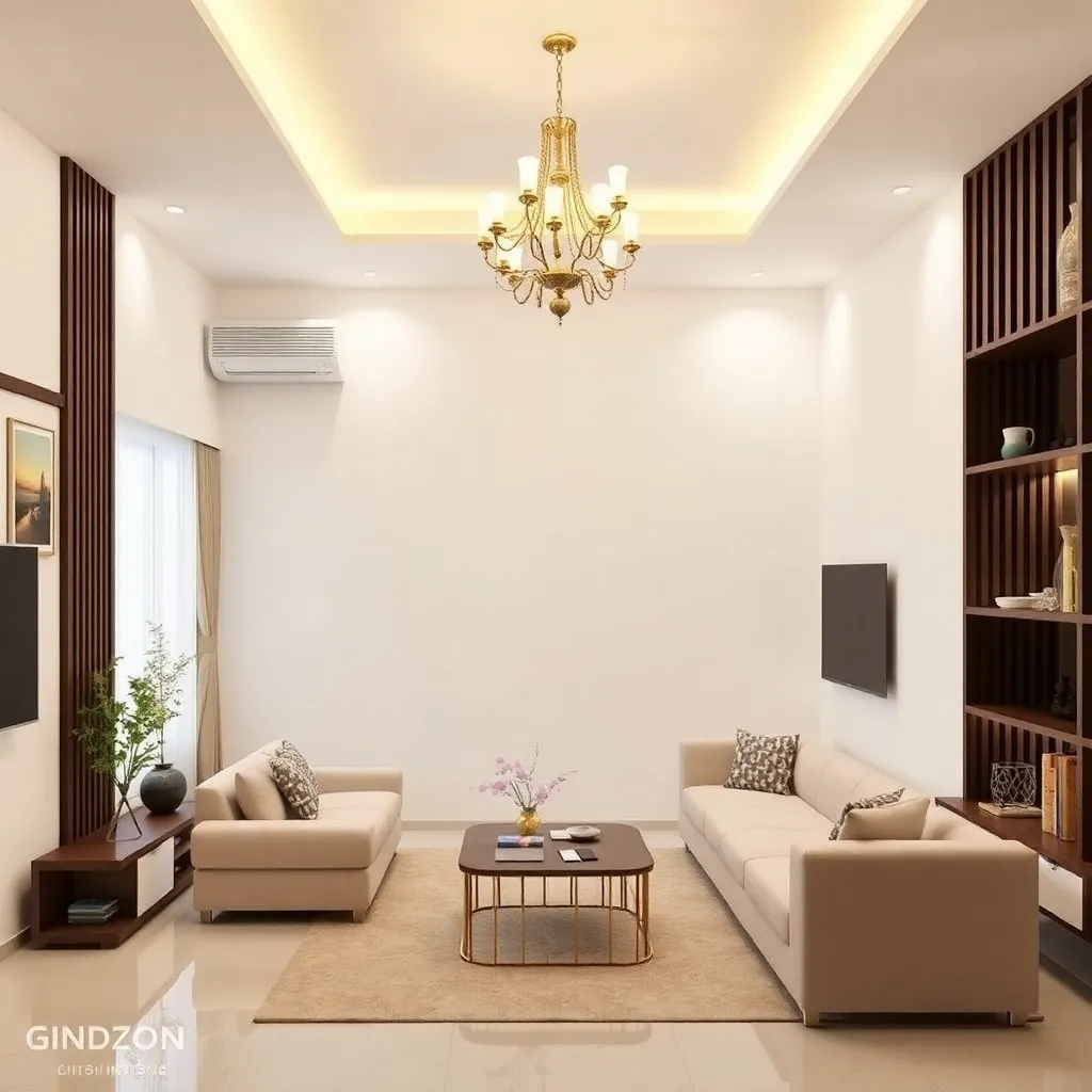 Image showing 1 BHK Interior designs with a living room and chandelier