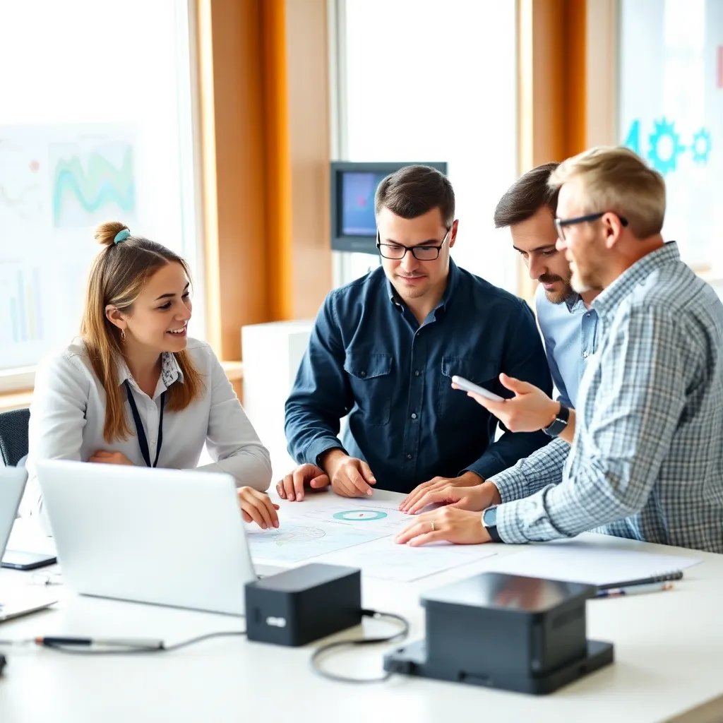 Team of diverse marine electronics engineers collaborating in a bright office, people discussing with laptops and charts