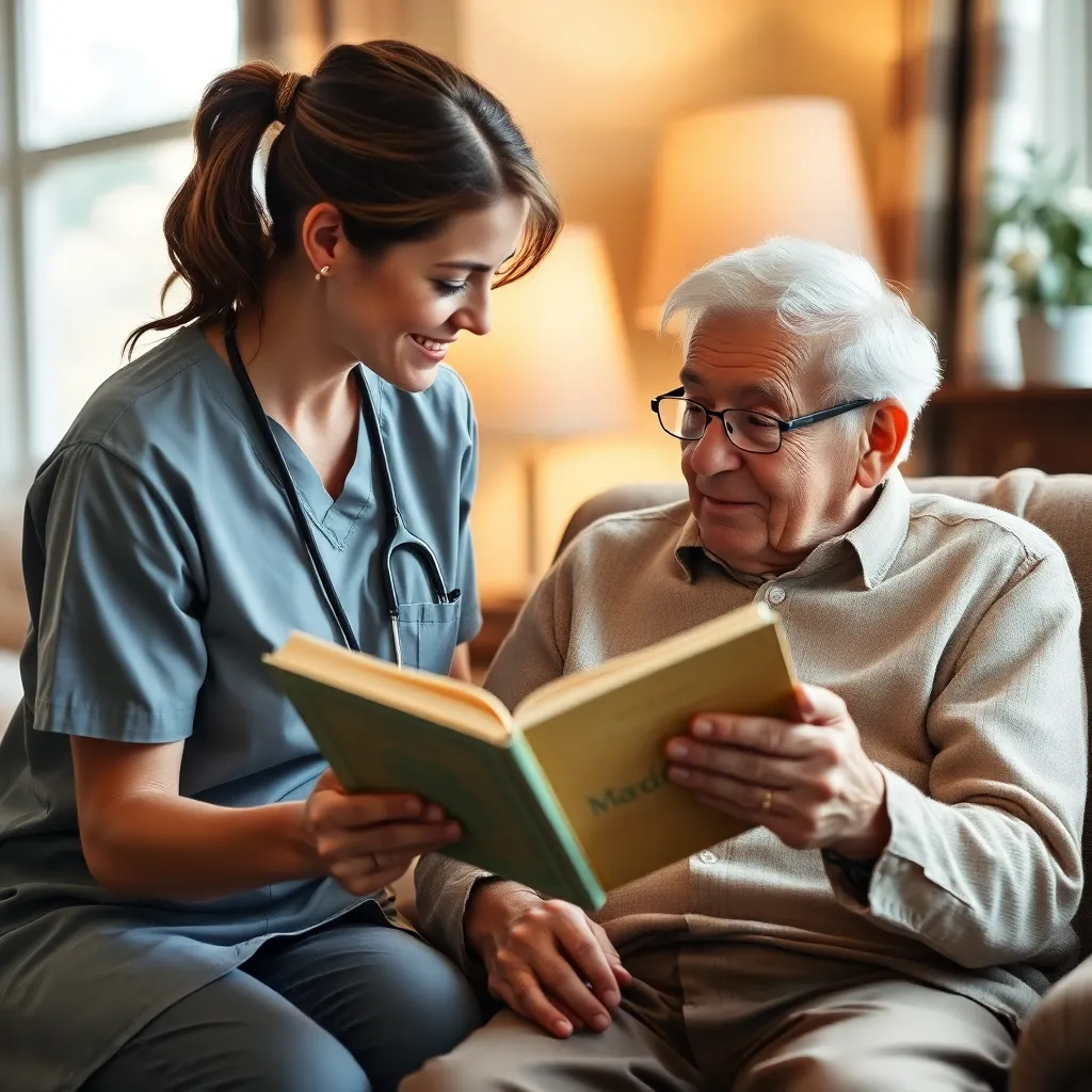 Caregiver reading to elderly man