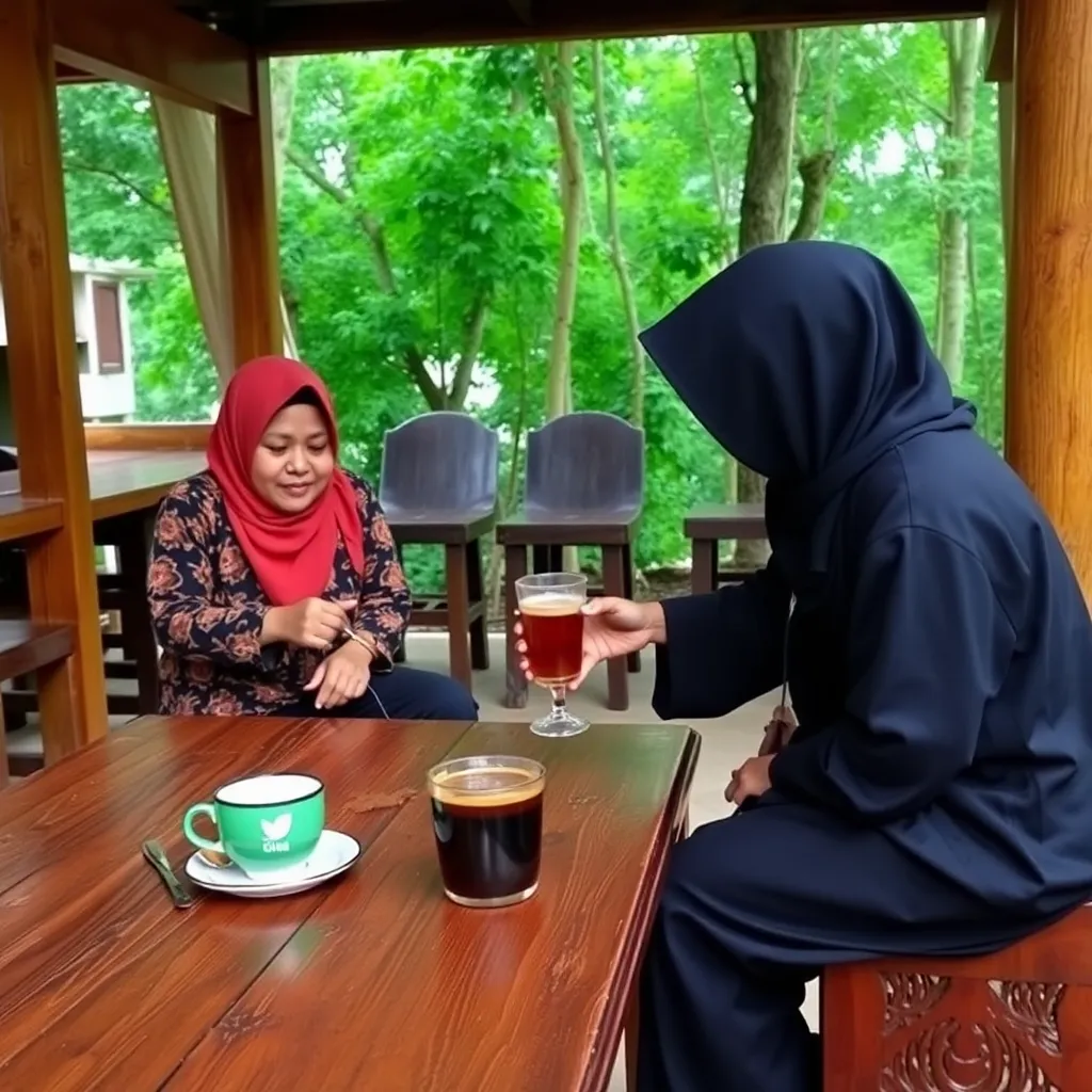 Cangkir kopi hitam dengan uap mengepul di atas meja kayu dengan latar belakang senja oranye