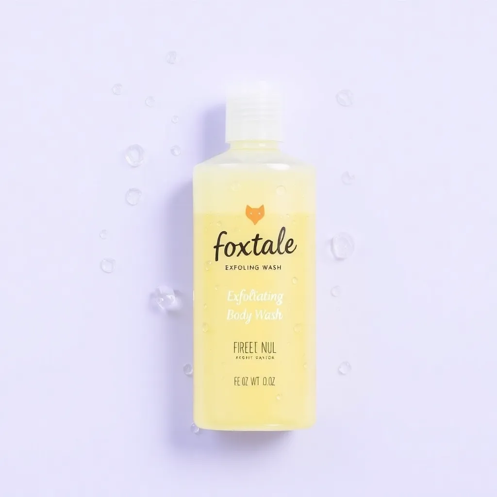 Foxtale Exfoliating Body Wash bottle with water drops on a light purple background