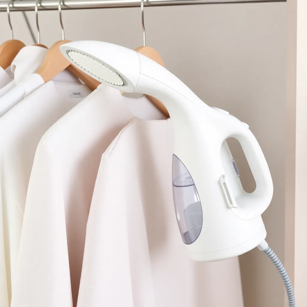 White garment steamer with hanger and hose