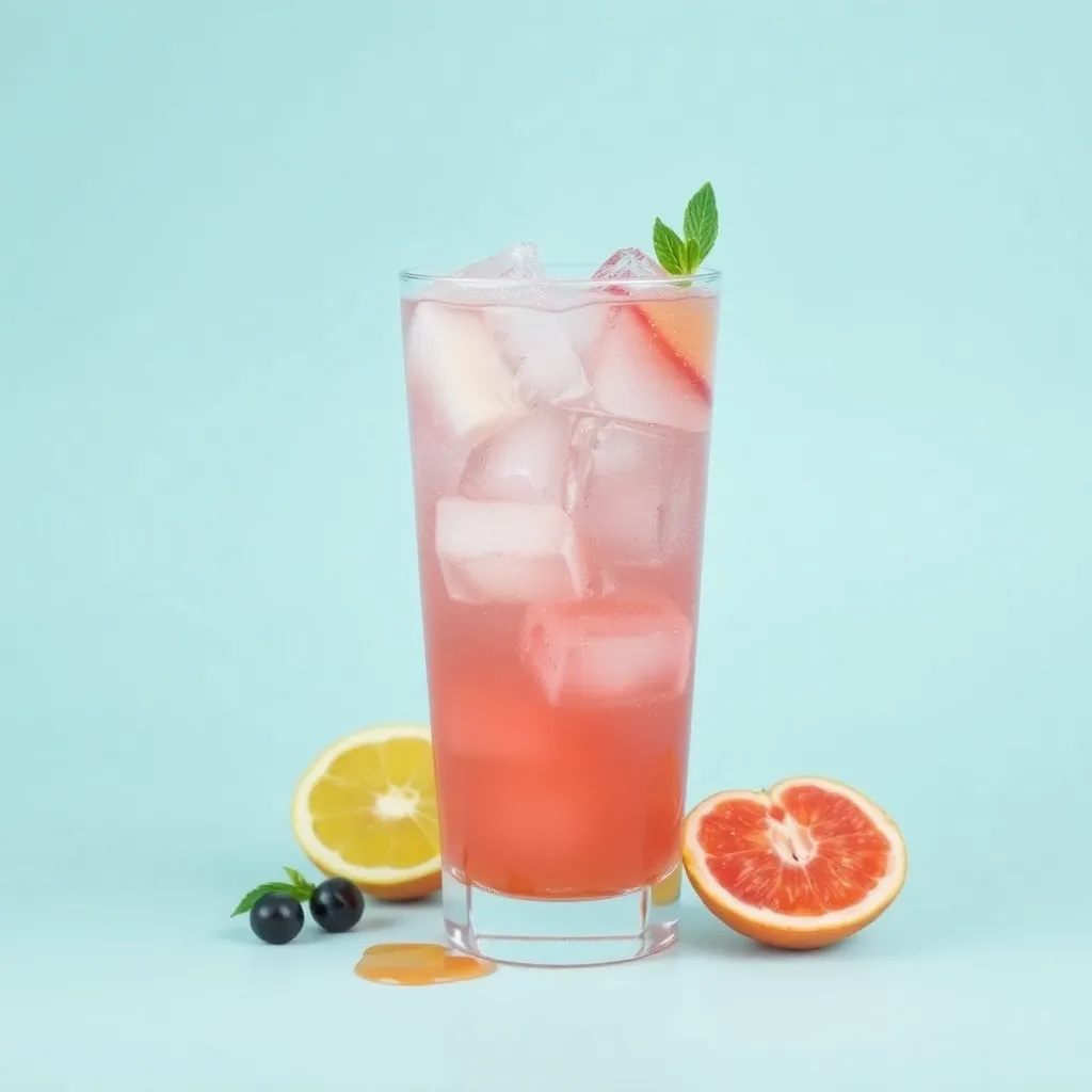 Glass of blewah fruit ice drink with ice cubes and syrup