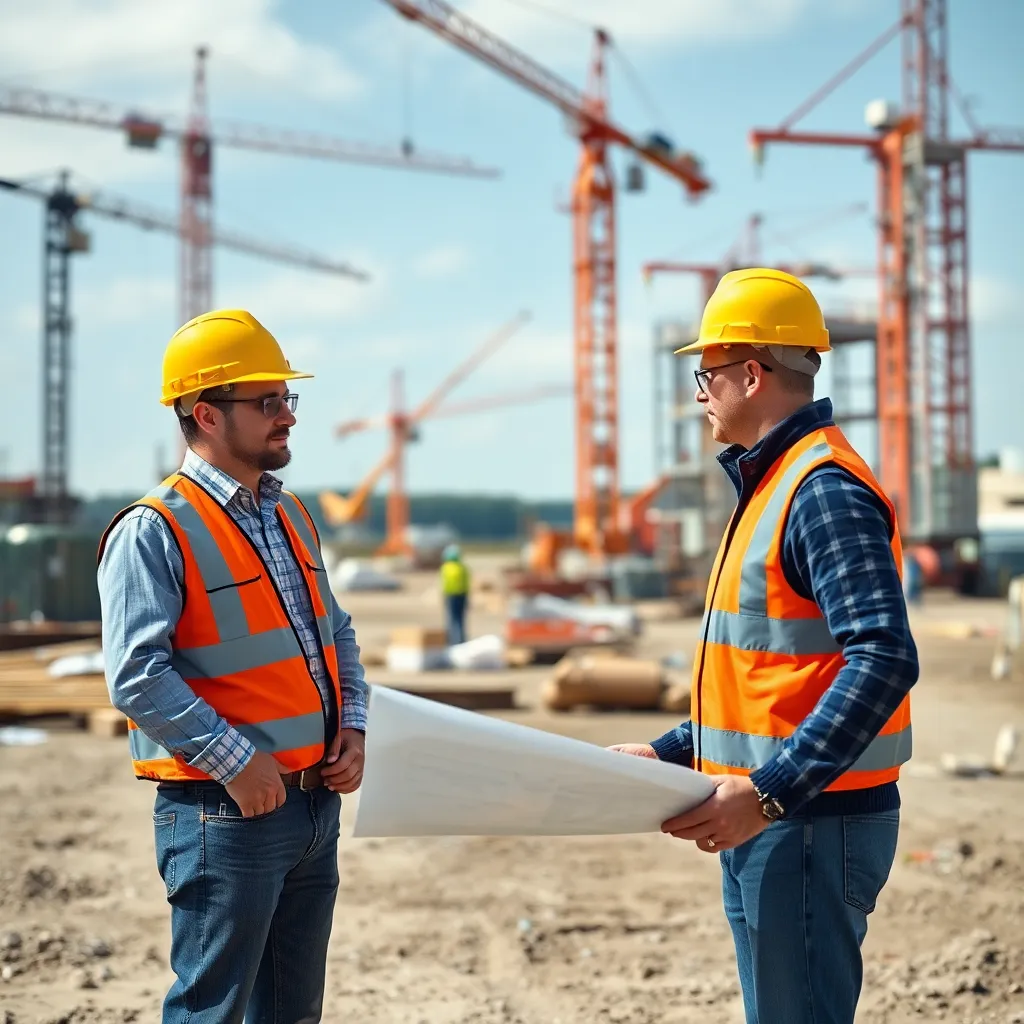 Construction project manager reviewing plans on site with workers and cranes in background