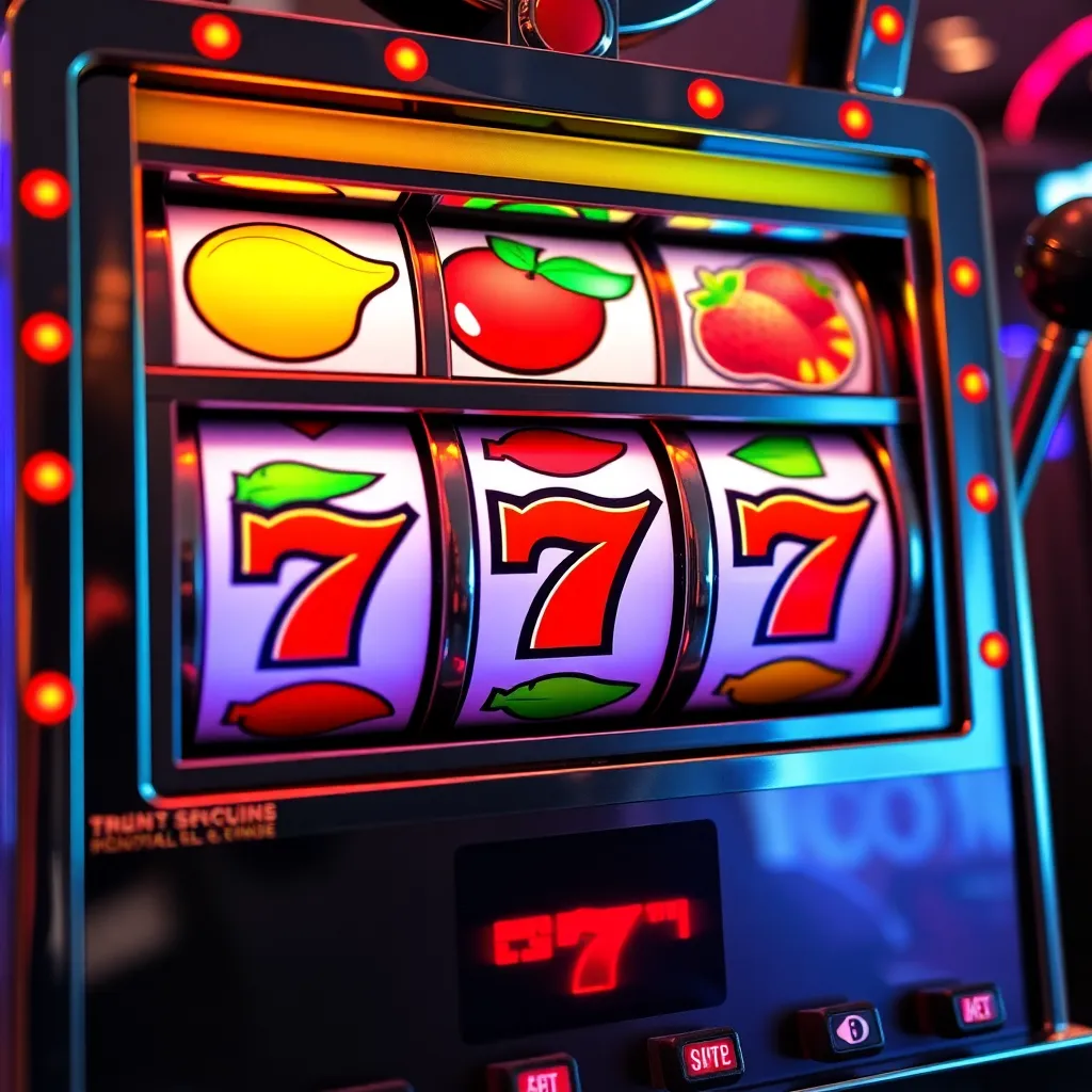 Colorful slot machine reels with fruits and lucky 7 symbols