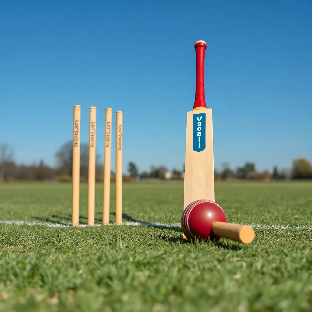 Close-up of cricket pitch with stumps and bat ready for play under clear skies