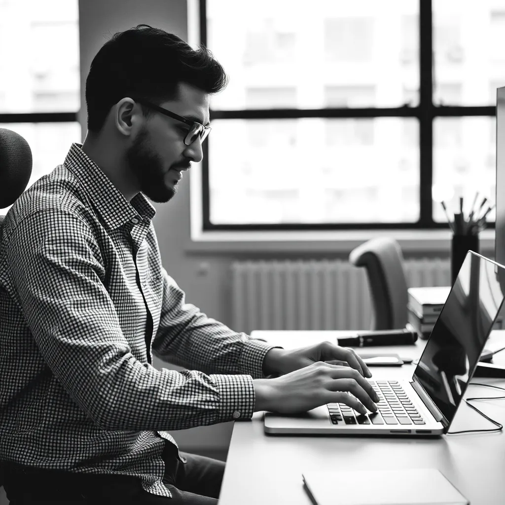 Black and white photo of person working on laptop in office