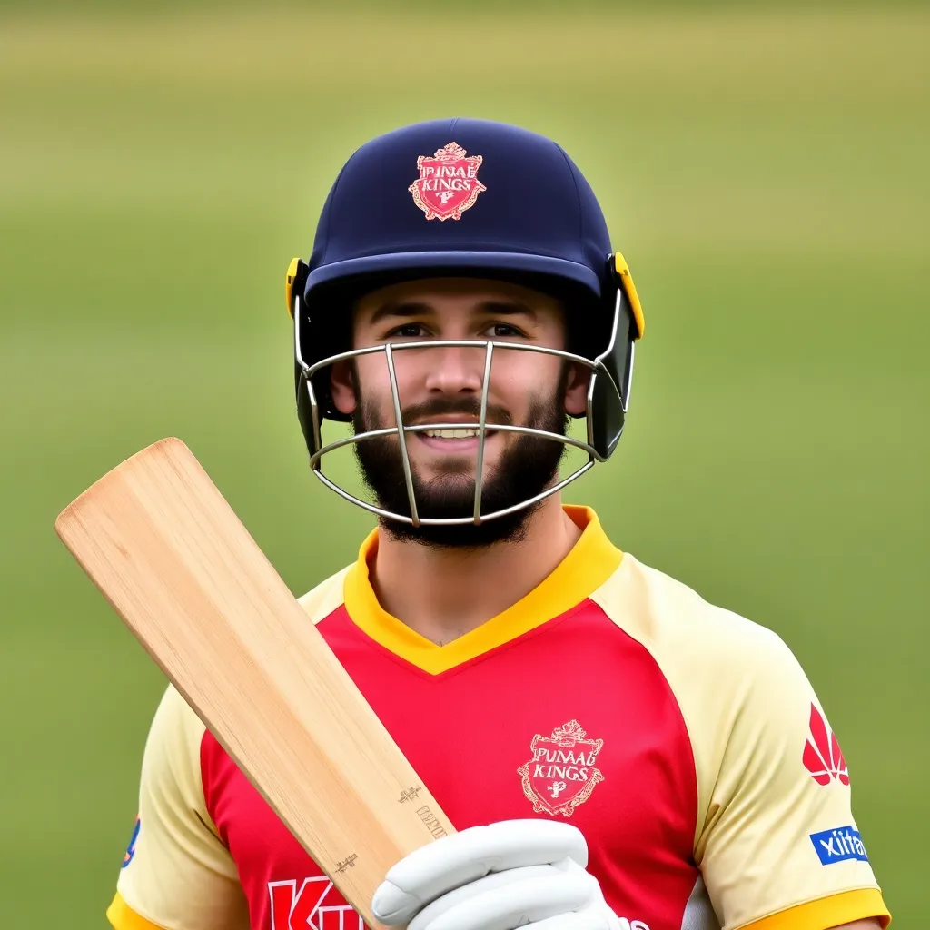 Portrait of Josh Inglis, right-handed batsman, wearing Punjab Kings cricket jersey, celebrating a half-century