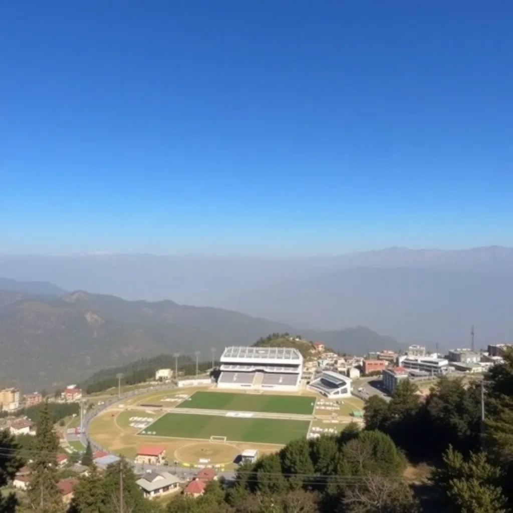 Panoramic view of HPCA Stadium in Dharamshala surrounded by mountains and clear blue sky