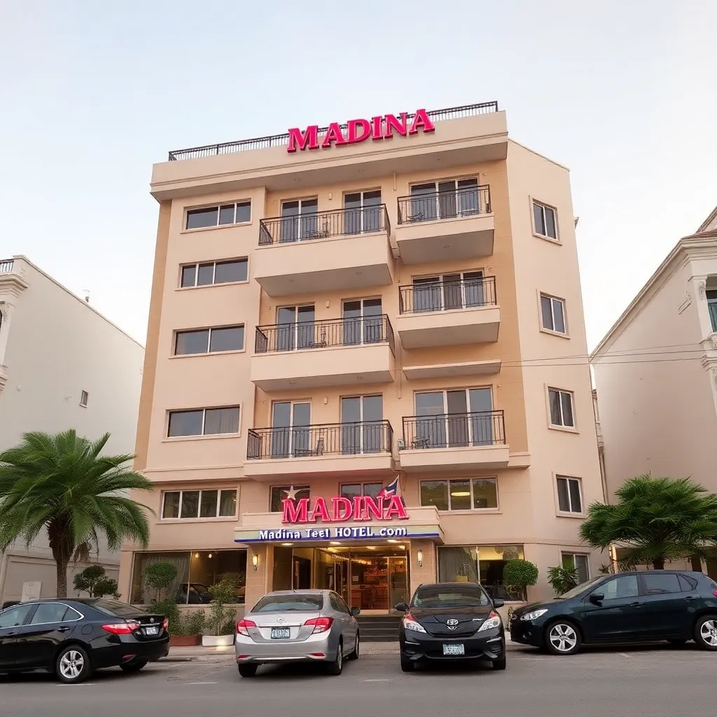 Madina Hotel exterior view with multiple floors and cars parked