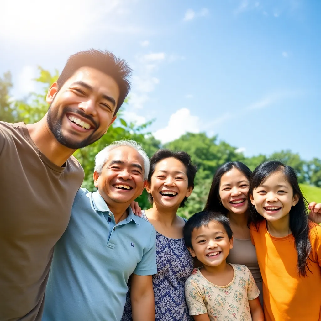 Happy Malaysian family of diverse ages smiling and enjoying a healthy lifestyle outdoors in a sunny park with greenery and blue sky