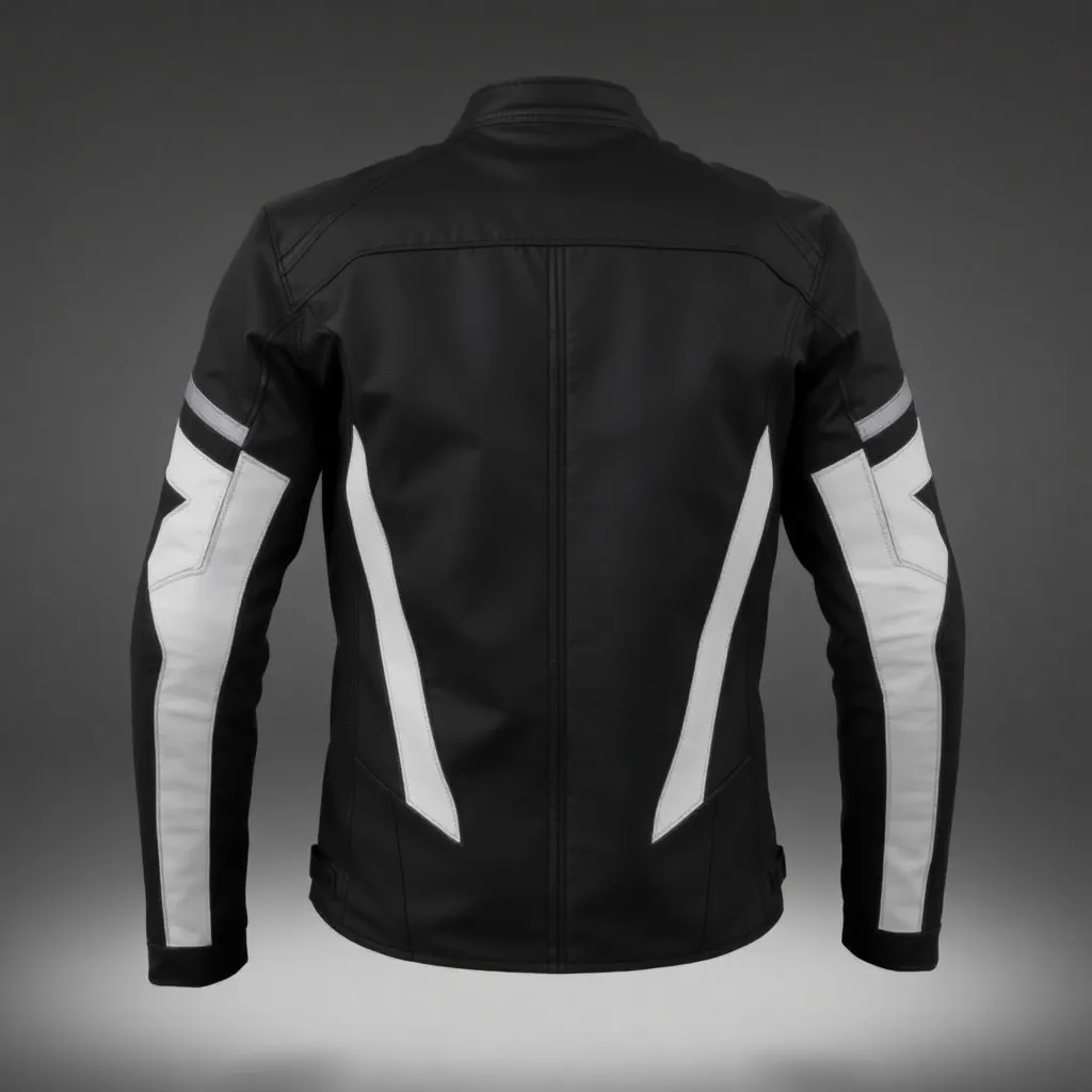 Custom black motorcycle jacket with detailed embroidery and premium finish